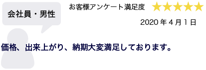 会社員・男性 2020年4月1日 お客様アンケート満足度 星5 価格、出来上がり、納期大変満足しております。